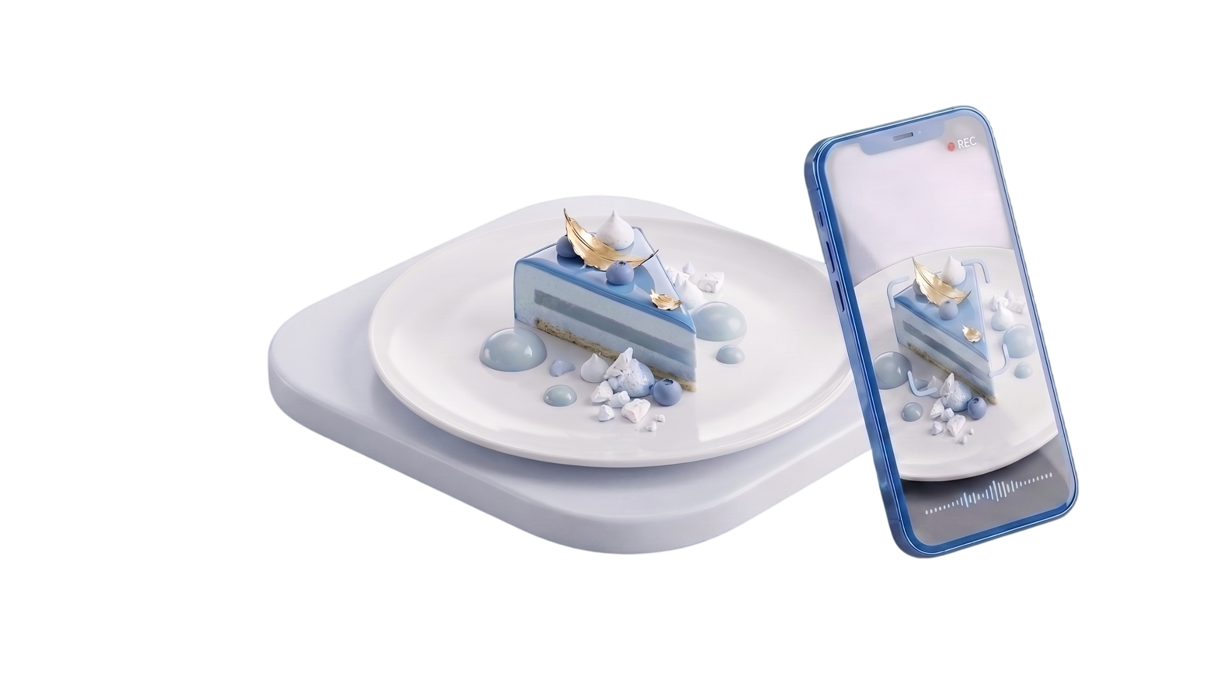 A phone filming a plated dessert on a table, recording the exact dish that was briefed